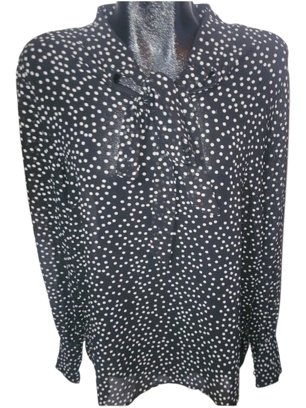 Esqualo Women’s Black and White Polka Dot Scarf Tie-Neckline Blouse Size 14